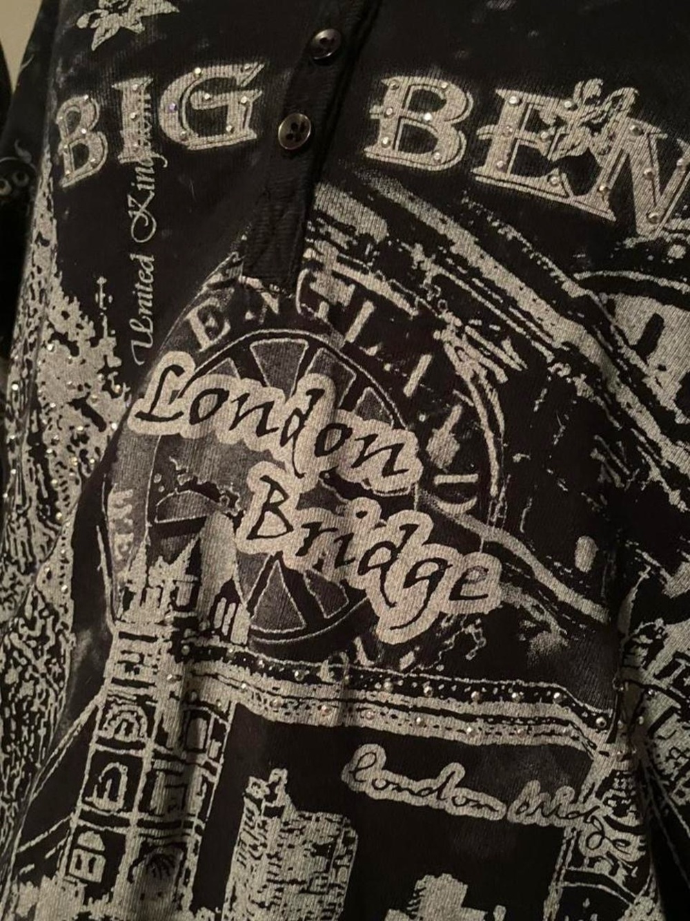 Vintage Suzie Black Cotton Henley Top with Silver Label Accent
